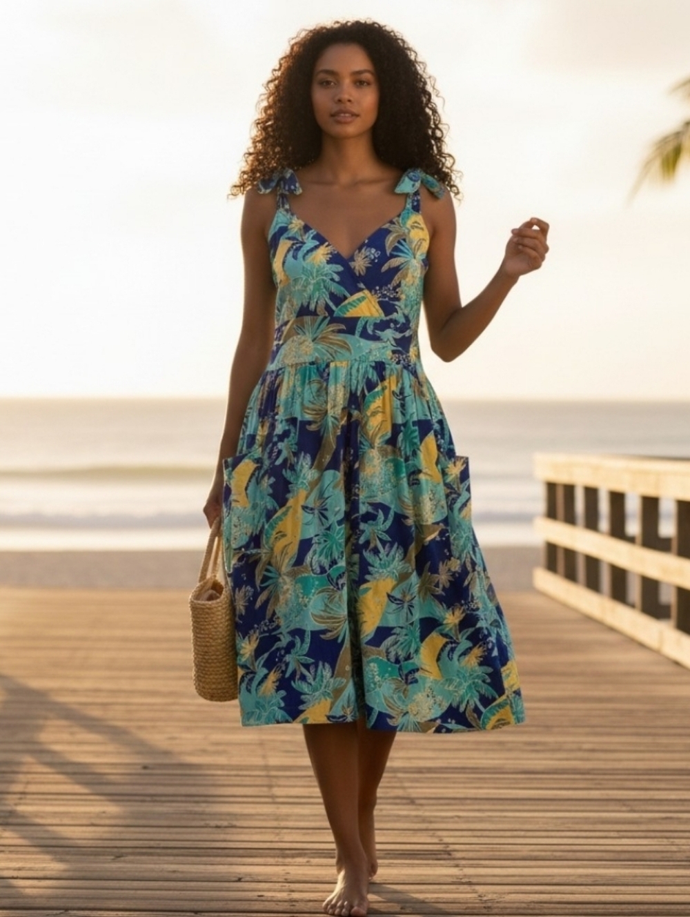 Tiki Palm Tropical Print Sundress Palm Leaf Tie Strap Lightweight Dress XL - Picture 9 of 9